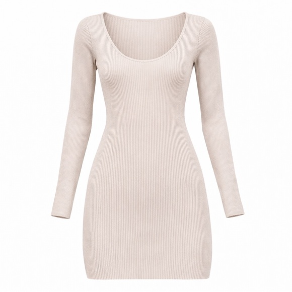 H&M Dresses & Skirts - H&M Ribbed Scoop Neck Long Sleeve Knit Dress in Light Beige